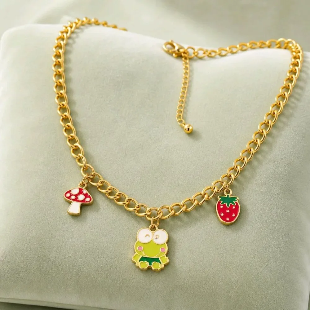 Sanrio 2022 Keroppi Frog Mushroom & Strawberry Charms Chain Necklace